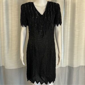 Silky Nites NY Vintage Black Beaded Embellished Silk Cocktail Dress Sz 10